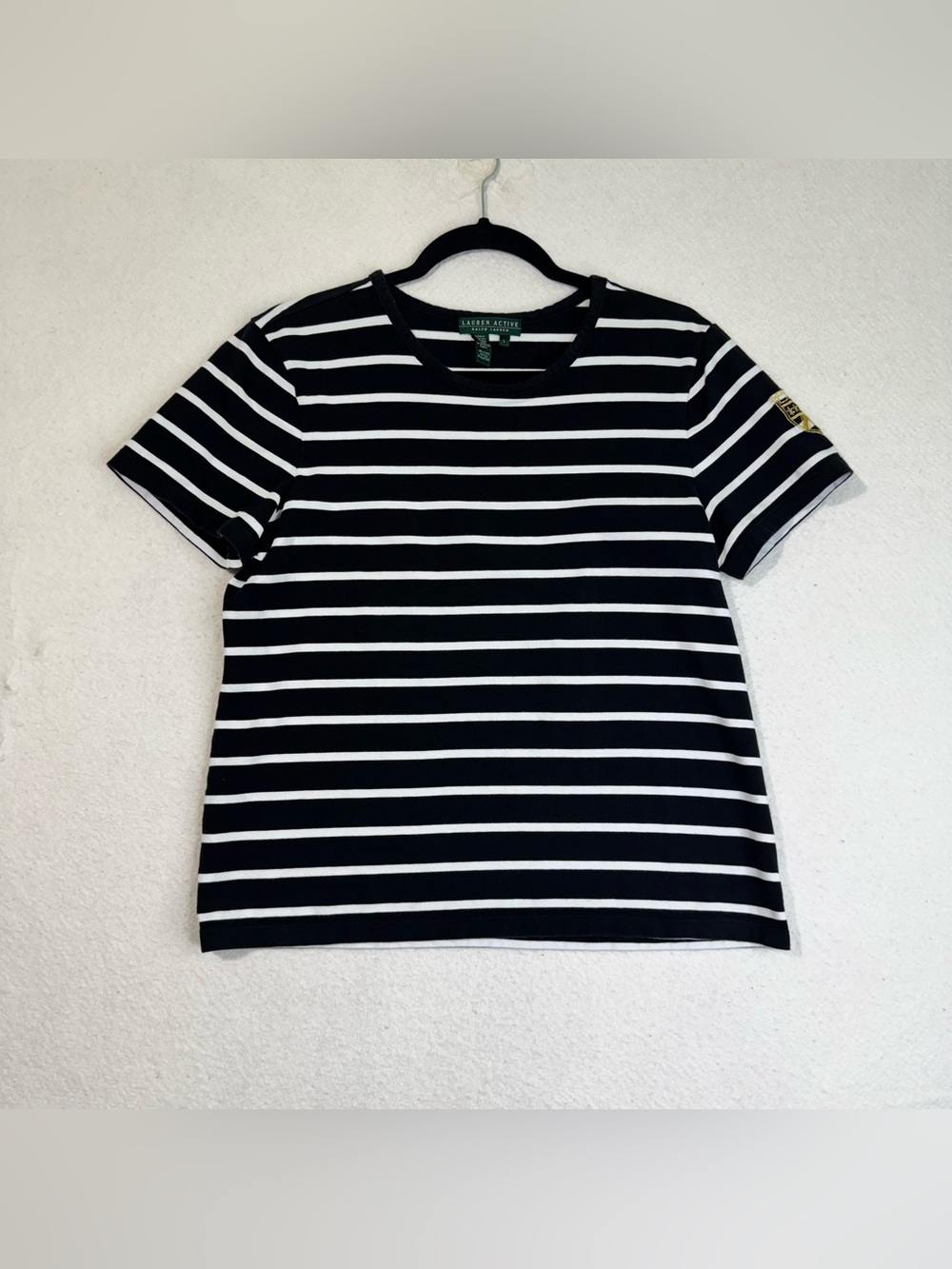 Ralph Lauren Black White Stripe Short Sleeve Crew Neck Tee Gold Embroidered Logo